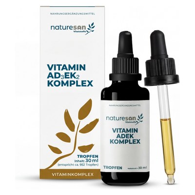 Vitamin ADEK Komplex Tropfen von Naturesan &ndash; Faltschachtel und 30-ml-Braunglasflasche mit Pipette